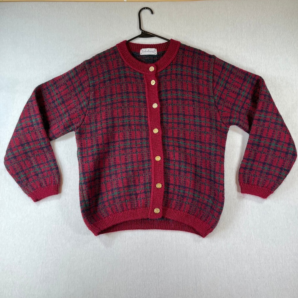 Vintage Edinburgh Cardigan Women M Mohair Blend Plaid Sweater Red Green 1990s